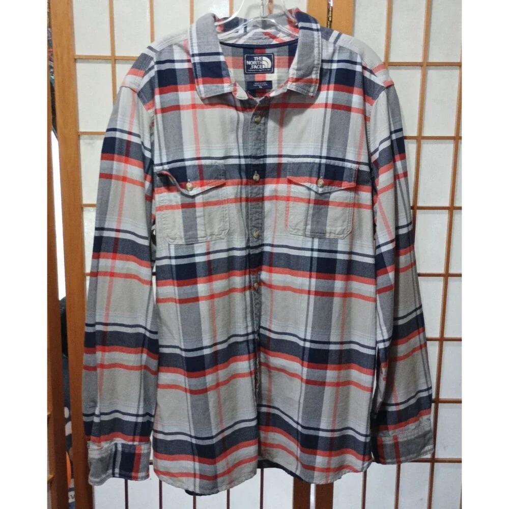 The North Face Mens XL Plaid Flannel Shirt Red Blue Gray Button Up Outdoor